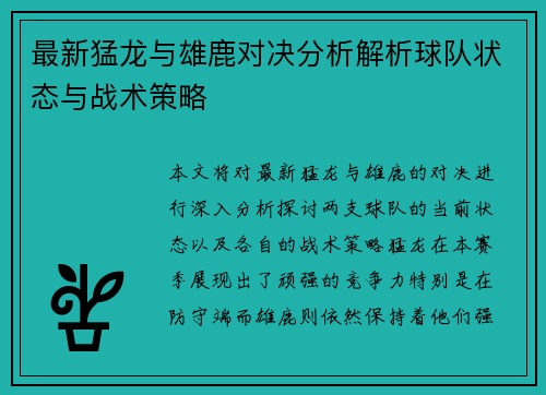 最新猛龙与雄鹿对决分析解析球队状态与战术策略